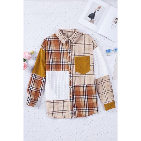 Azura Exchange  Orange Plaid Color Block Patchwork Shirt Jacket with Pocket - Picture 9 of 15